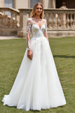 Lace Tulle Ivory A Line Appliques Spaghetti Straps Wedding Dress