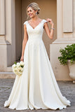 Ivory V-Neck Satin Lace A Line Wedding Dress