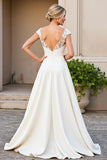 Ivory V-Neck Satin Lace A Line Wedding Dress