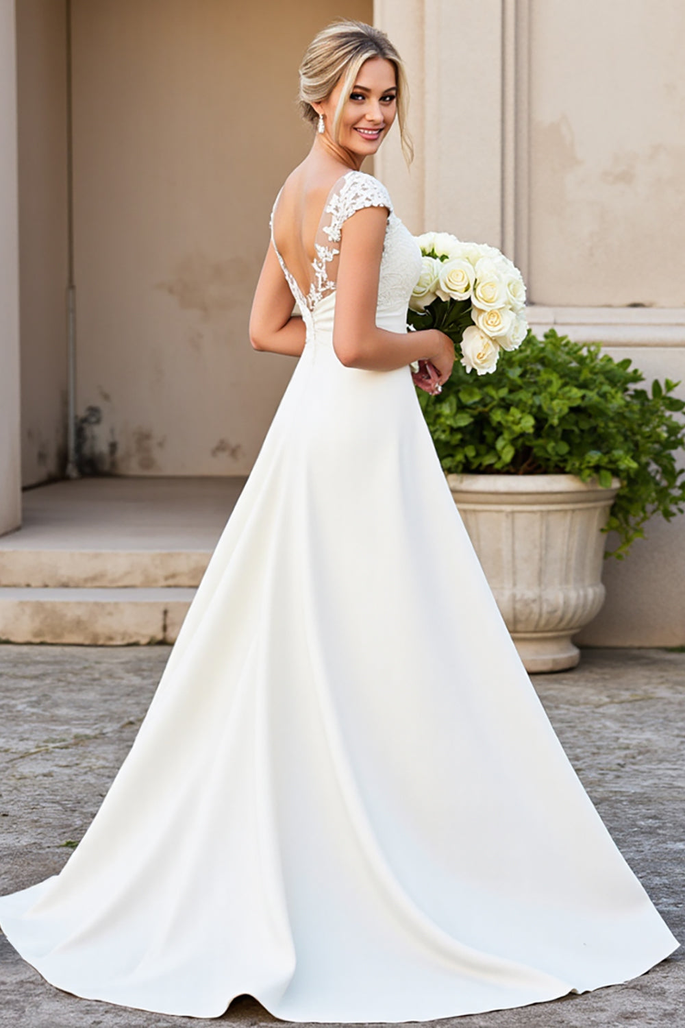 Ivory V-Neck Satin Lace A Line Wedding Dress