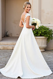 Ivory V-Neck Satin Lace A Line Wedding Dress