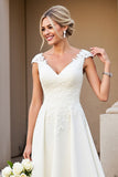 Ivory V-Neck Satin Lace A Line Wedding Dress