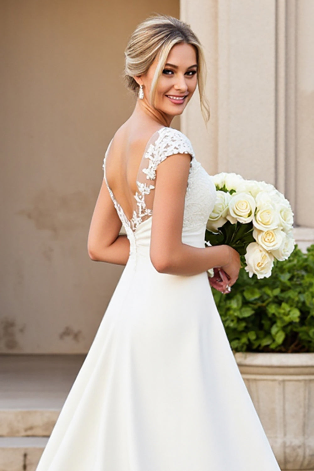 Ivory V-Neck Satin Lace A Line Wedding Dress