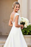 Ivory V-Neck Satin Lace A Line Wedding Dress