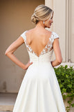 Ivory V-Neck Satin Lace A Line Wedding Dress