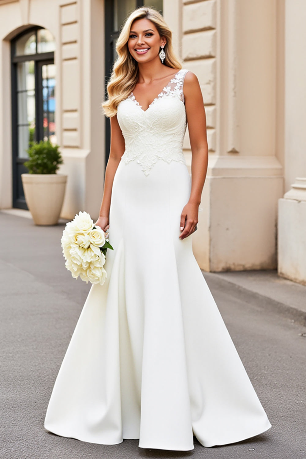 Ivory V-Neck Lace Satin Mermaid Wedding Dress
