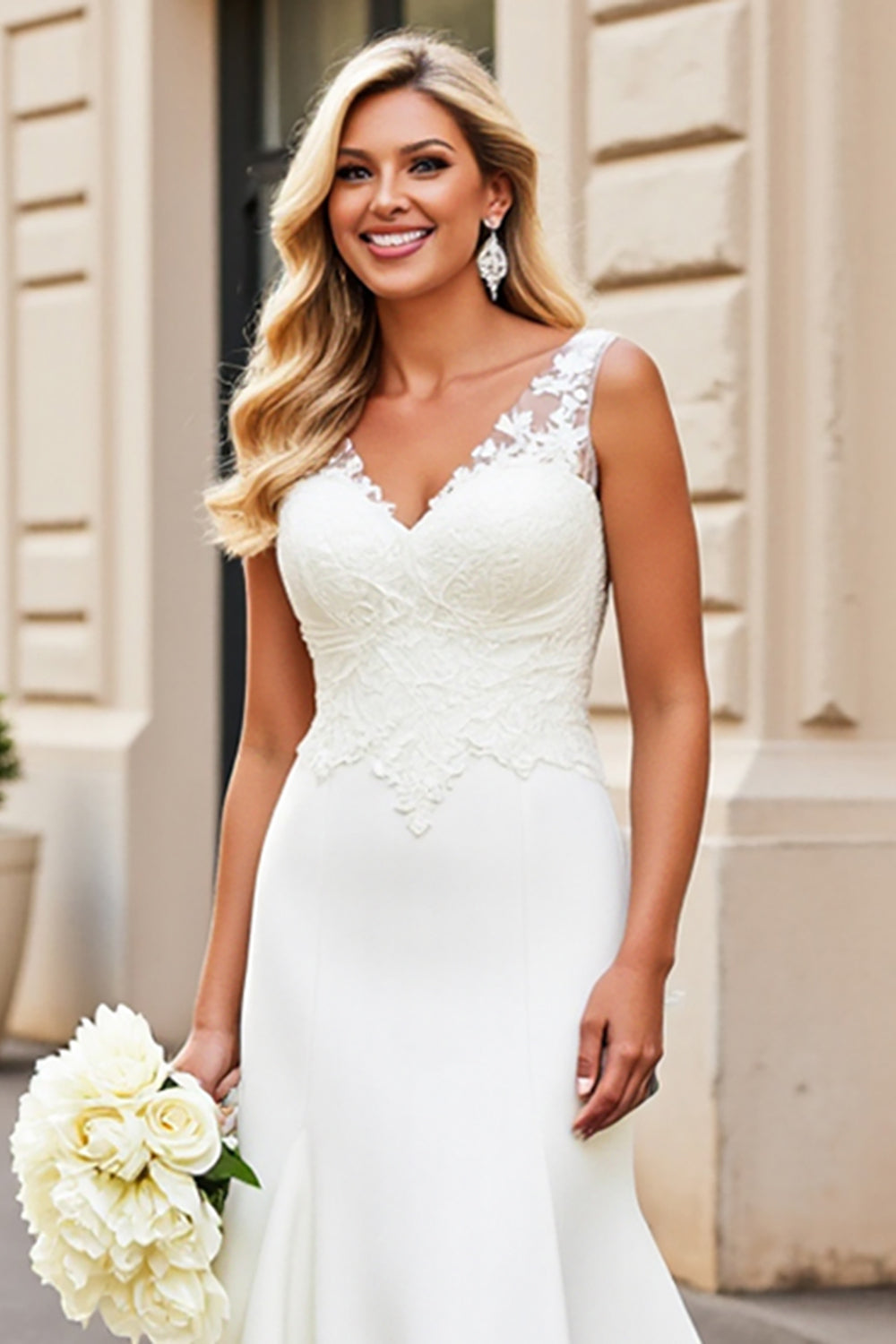 Ivory V-Neck Lace Satin Mermaid Wedding Dress