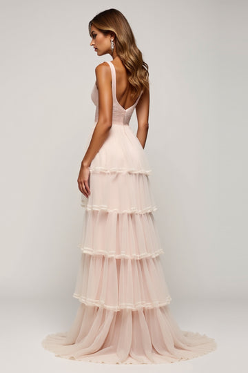 Candy Pink V-Neck Ruffled Tulle Long Prom Dress
