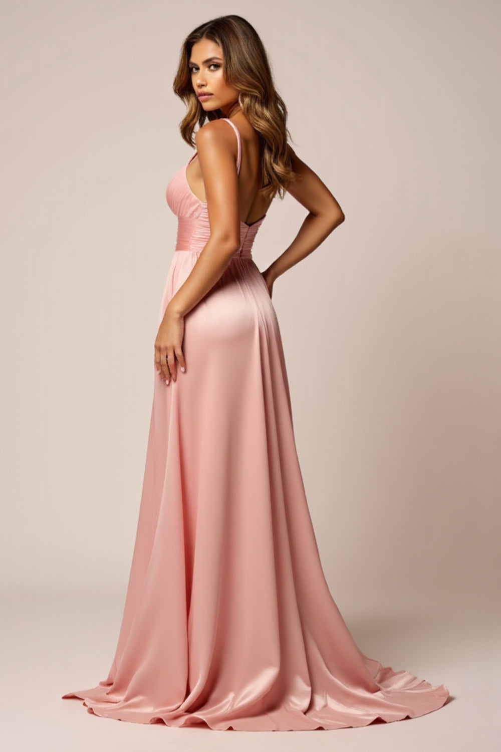 Satin A Line Blush Pink Prom Dress With Slit