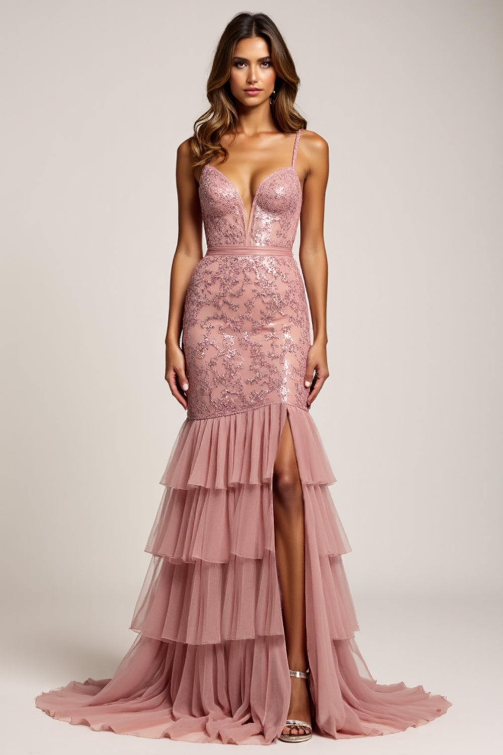 Dusty Rose Mermaid V-Neck Lace Prom Dress With Slit