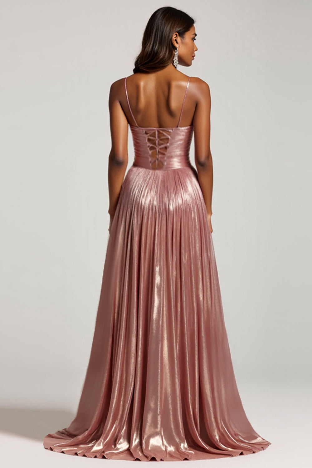 Metallic Cut Out Pleated Dusty Rose Prom Dress With Slit