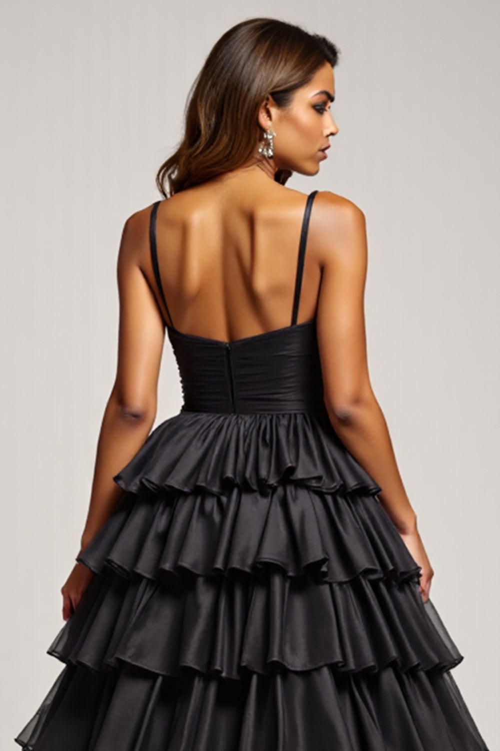 Satin Tiered A Line Black Prom Dress