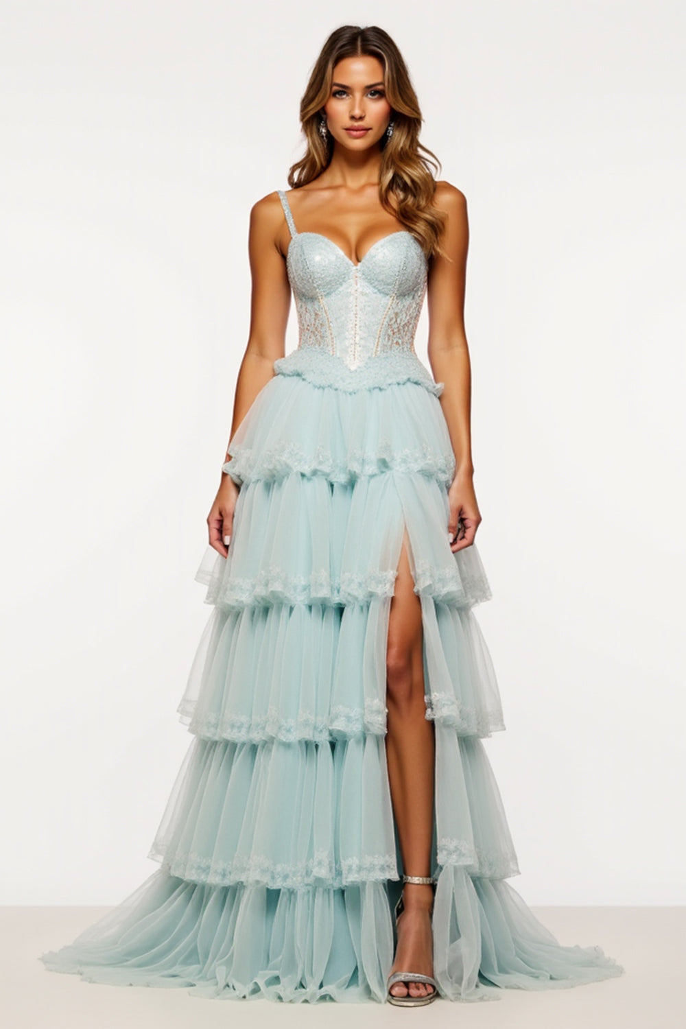 Light Blue Tulle Lace Corset Long Prom Dress With Slit