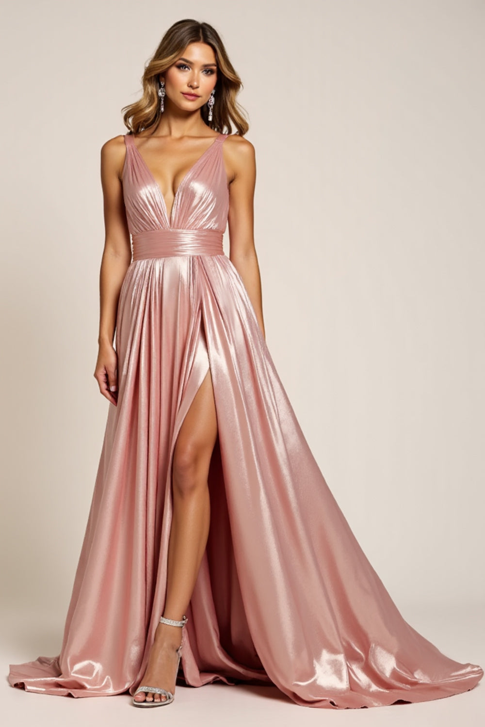 Dusty Rose V-Neck Satin Pleated A Line Prom Dress