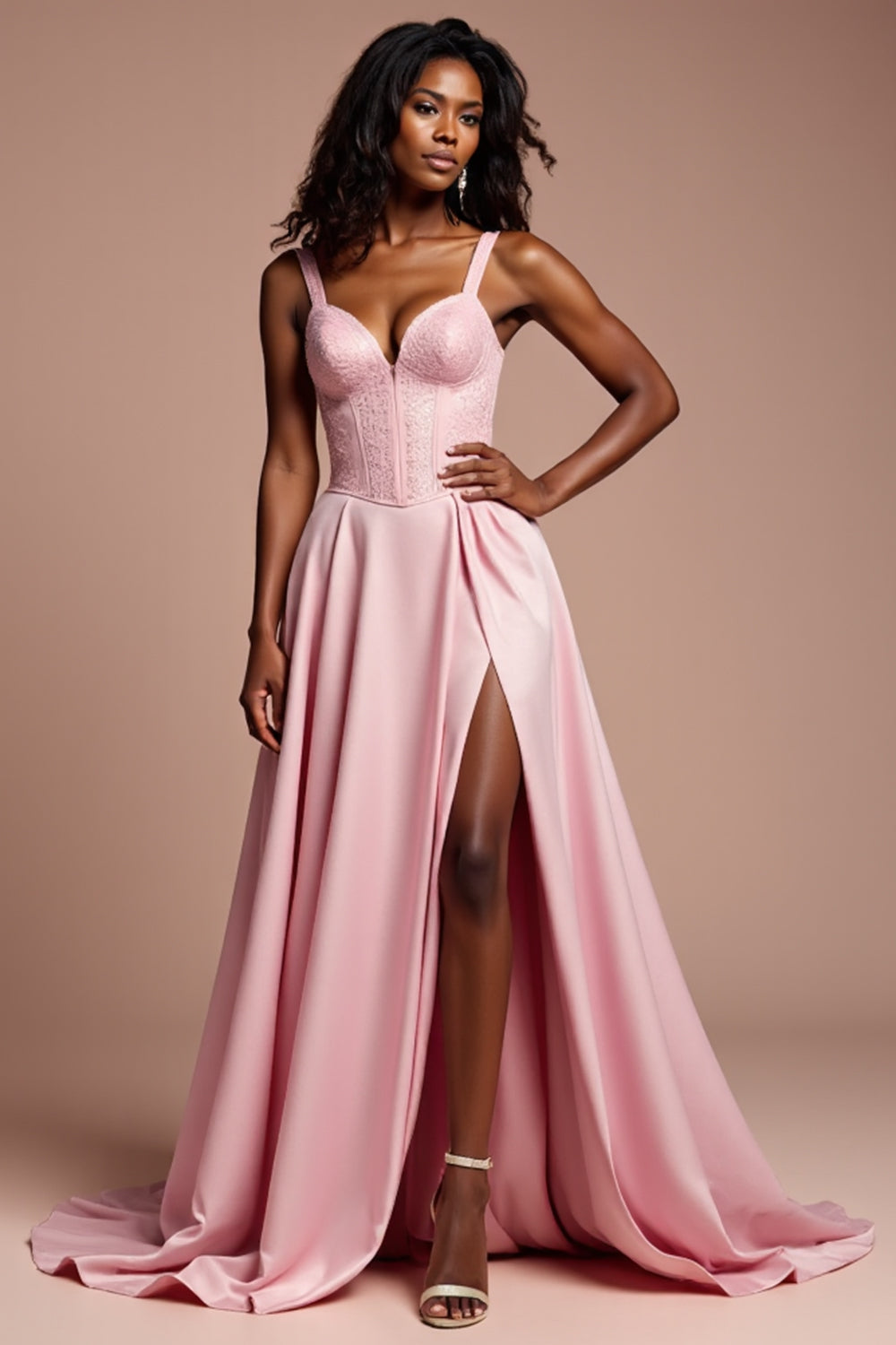 Pink Corset Lace A Line Long Prom Dress With Slit