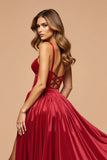 Dark Red Satin A Line Prom Dress with Slit