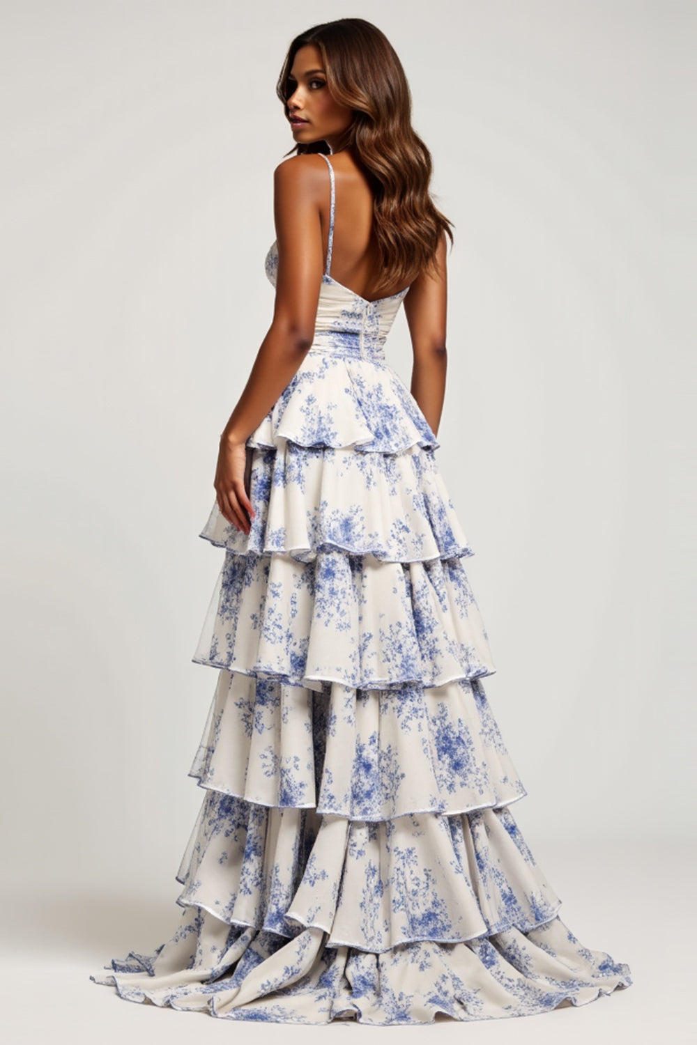 Blue Flower A Line Ruffle Prom Dress With Slit