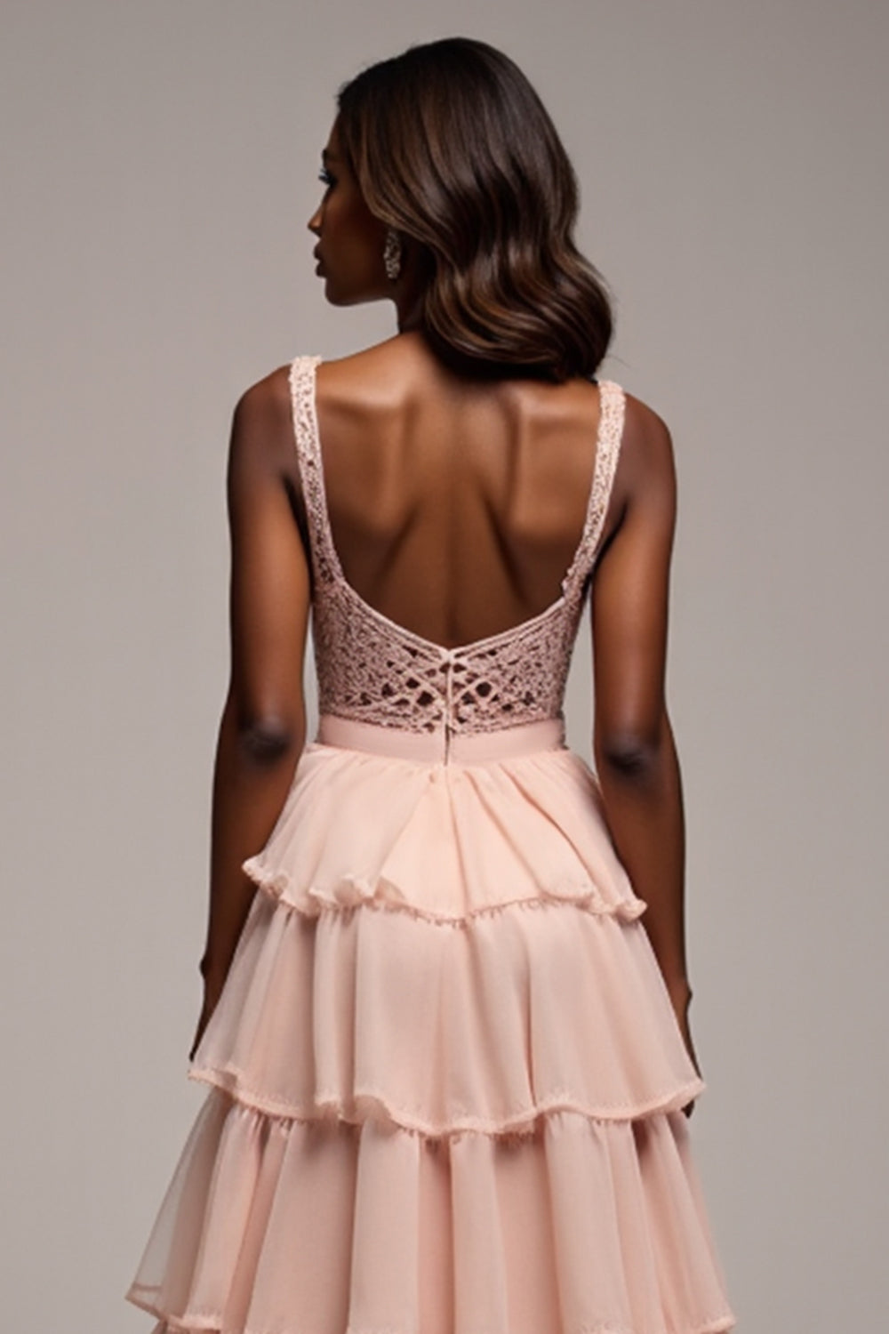 Lace Ruffled A Line Dusty Rose Prom Dress With Slit