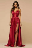 Halter Dark Red A Line Pleated Long Prom Dress