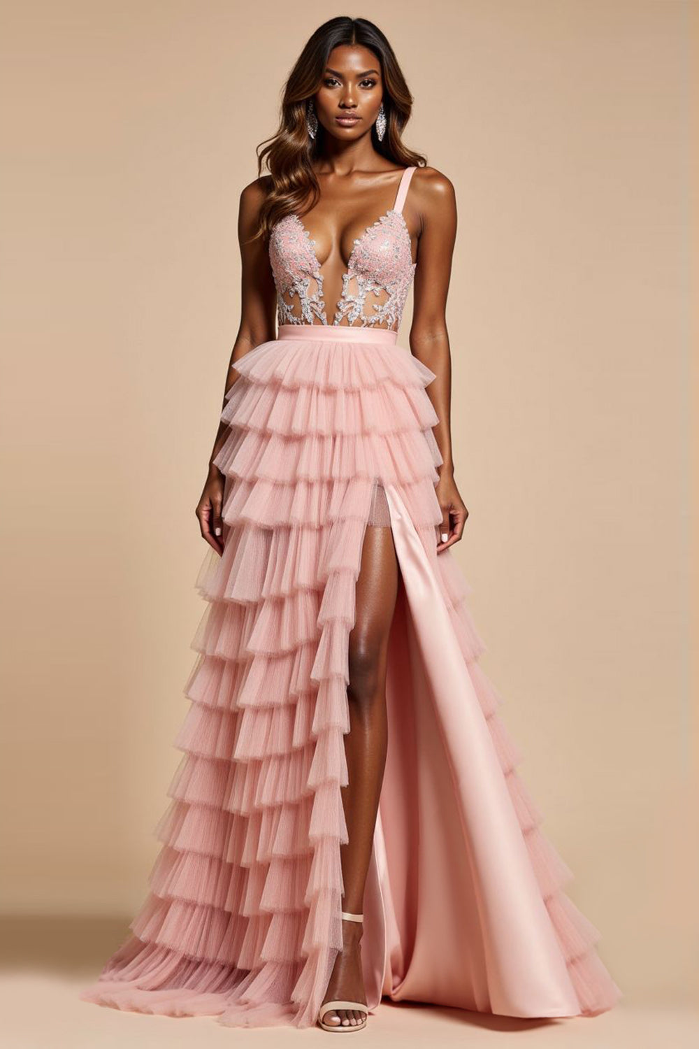 Blush Pink Lace A Line Tiered Long Prom Dress With Ruffles