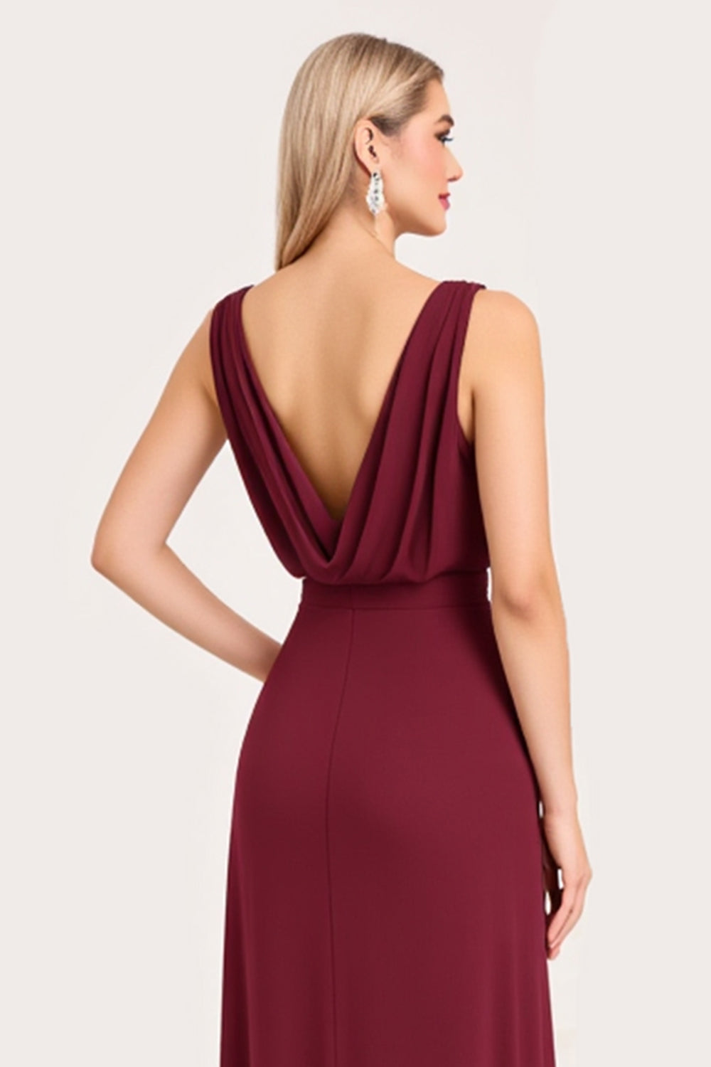 Burgundy Sheath Cowl Neck Bridesmaid Dress with Slit