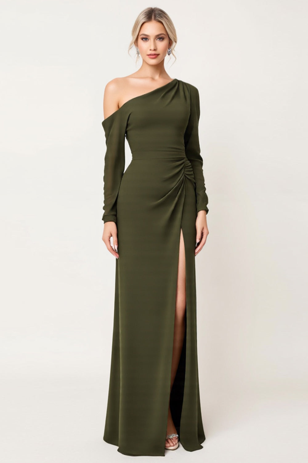 Olive One Shoulder Long Sleeve Bridesmaid Dress