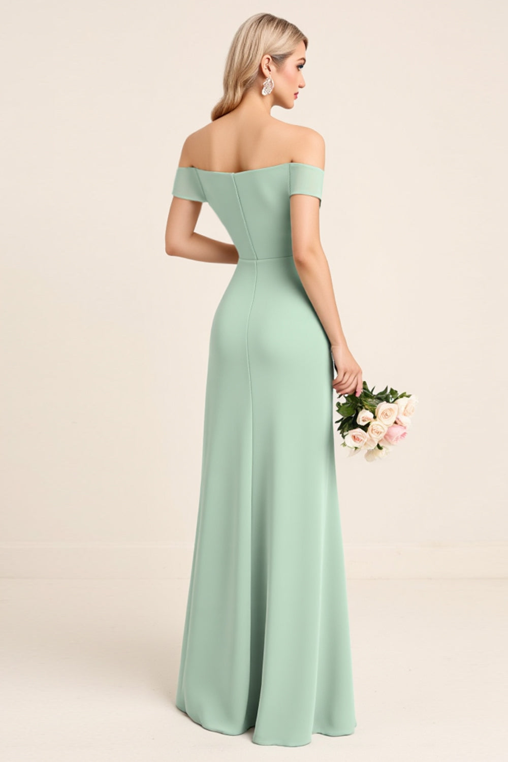 Mint Sheath Chiffon Off the Shoulder Bridesmaid Dress