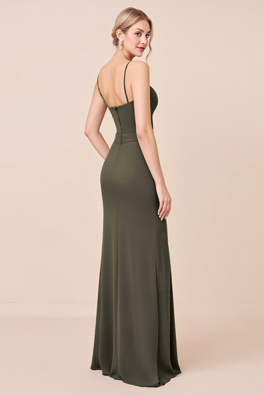 Olive Green Ruched Bridesmaid Dress with Slit