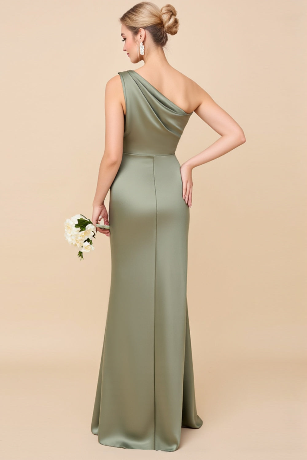 One Shoulder Eucalyptus Satin Bridesmaid Dress