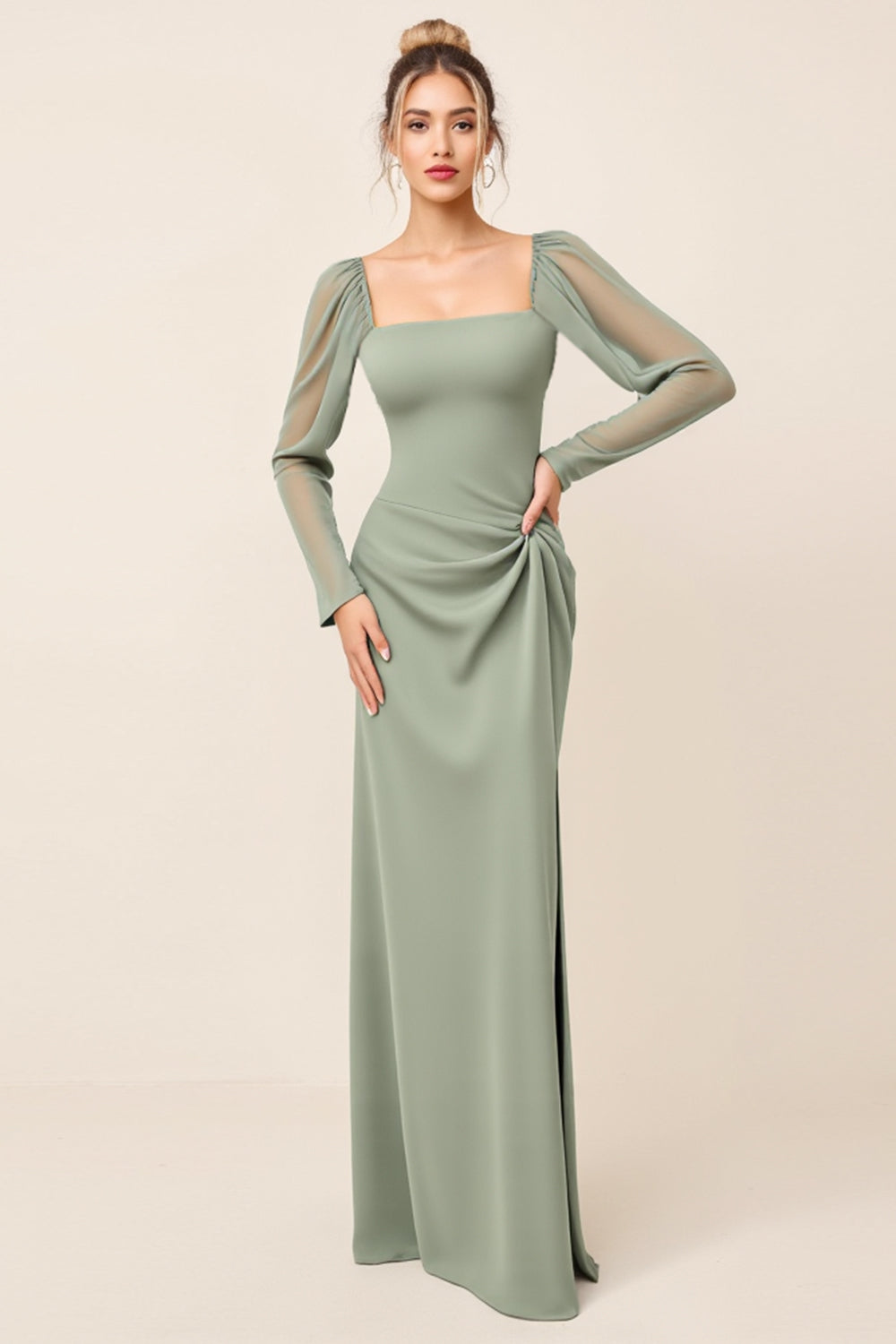 Eucalyptus Chiffon Sheath Long Sleeve Bridesmaid Dress with Slit