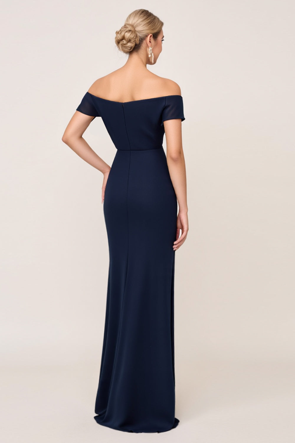 Off the Shoulder Ruched Sheath Navy Bridesmaid Dress with Slit