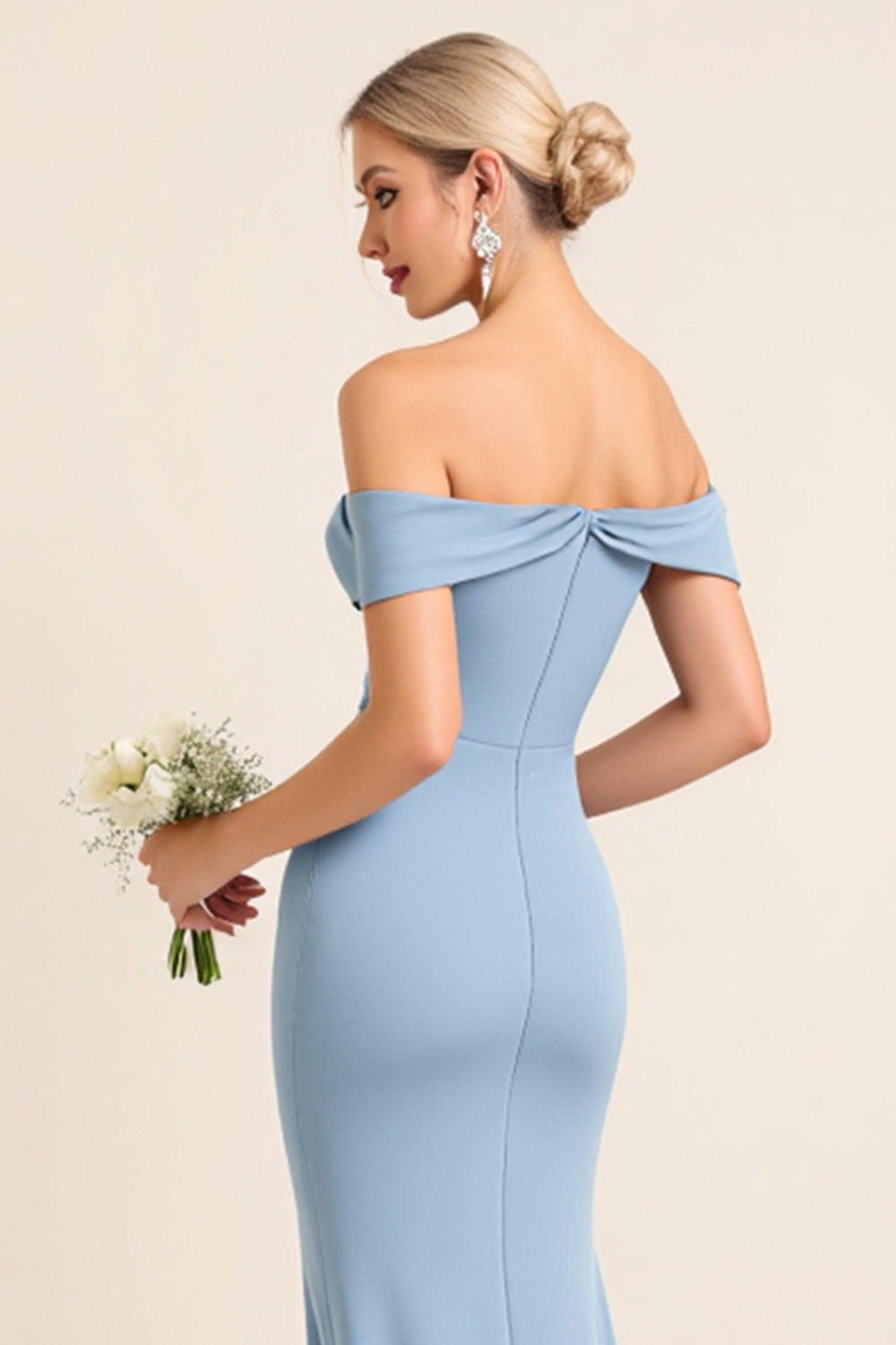 Off The Shoulder Ruched Long Dusty Blue Bridesmaid Dress