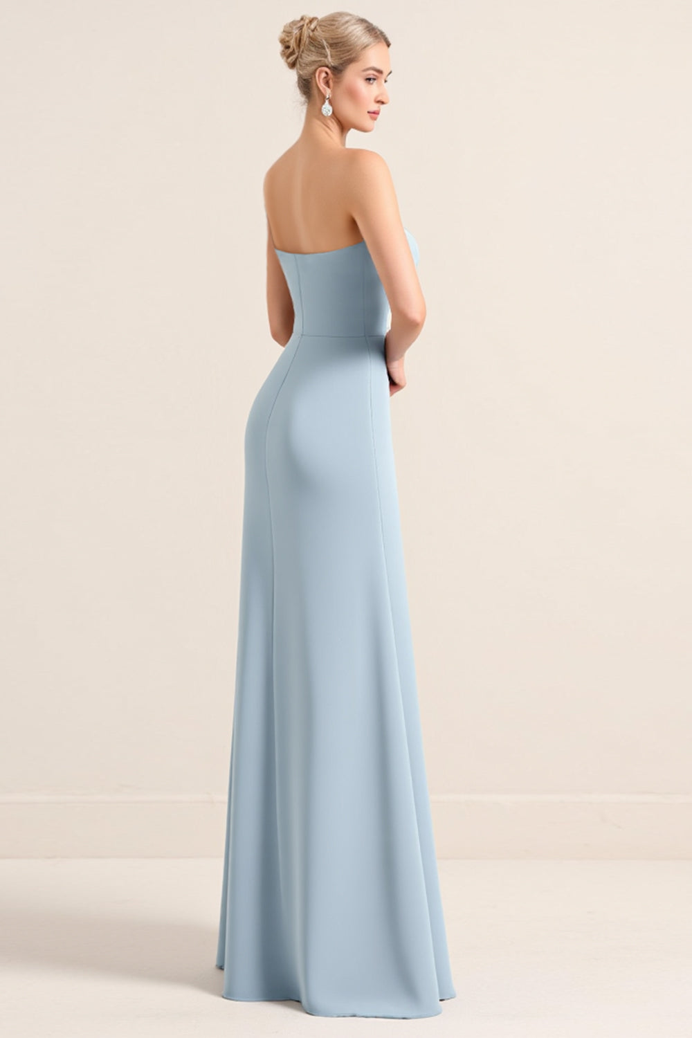 Dusty Blue Sheath Strapless Bridesmaid Dress With Slit