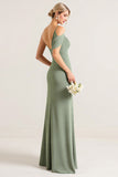 One Shoulder Sheath Long Olive Green Bridesmaid Dress
