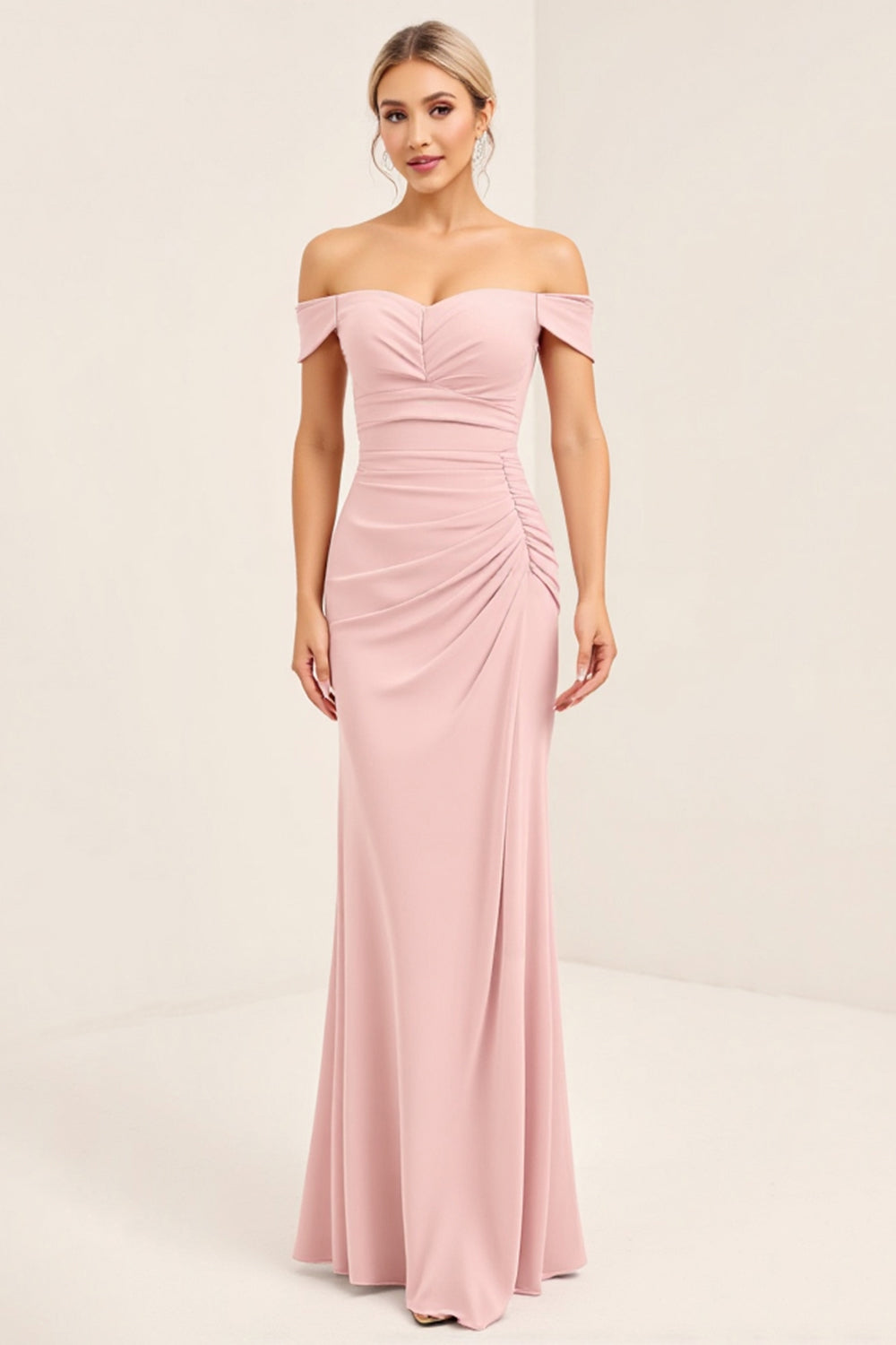Blush Pink Off The Shoulder Sheath Long Bridesmaid Dress With Slit