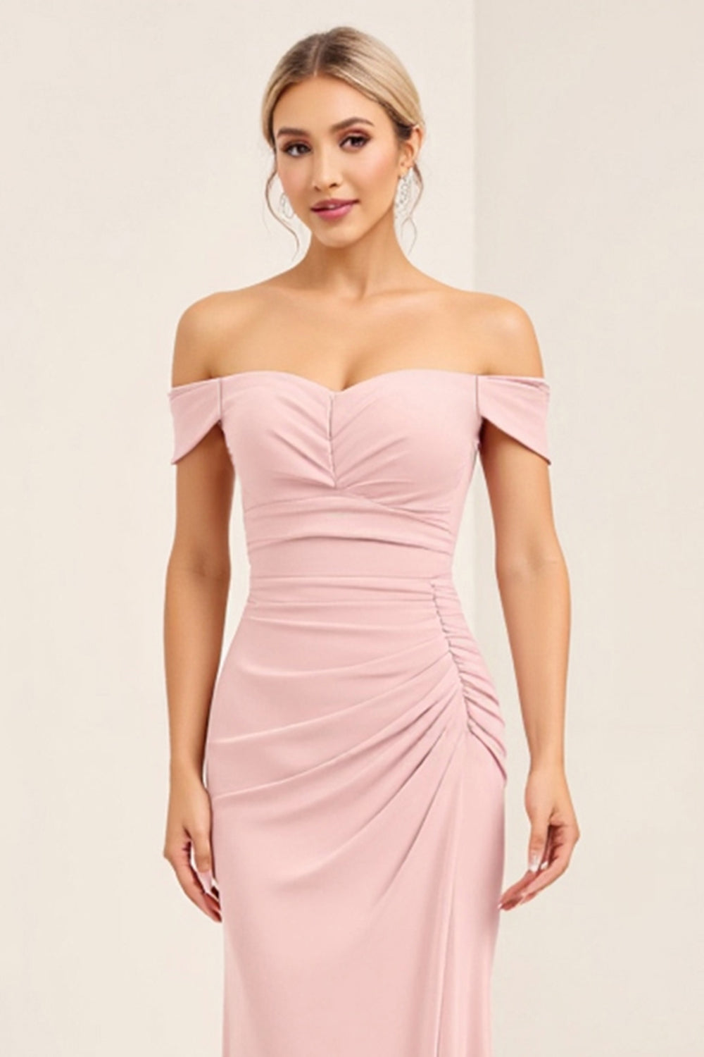 Blush Pink Off The Shoulder Sheath Long Bridesmaid Dress With Slit
