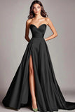 Dusty Sage A Line Satin Strapless Prom Dress with Slit