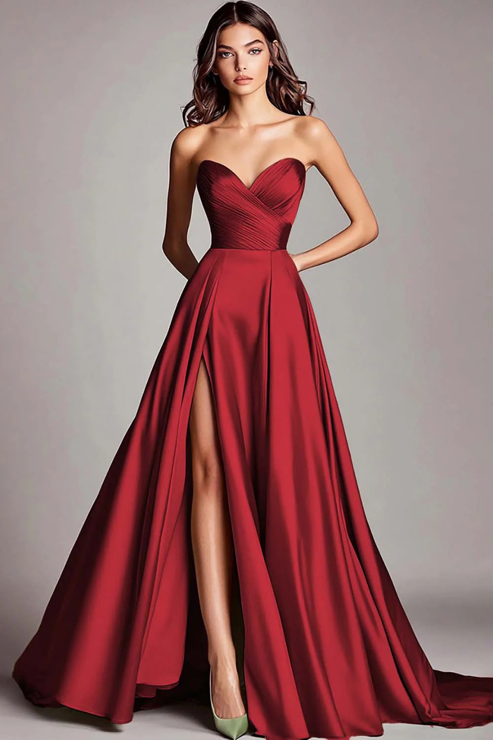 Dusty Sage A Line Satin Strapless Prom Dress with Slit