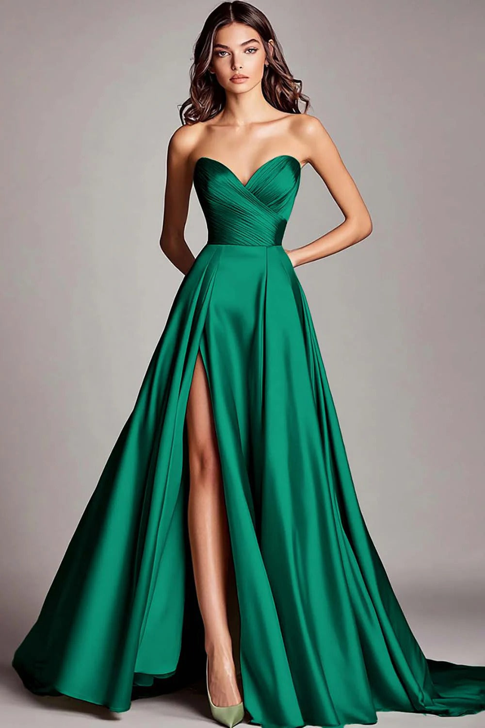 Dusty Sage A Line Satin Strapless Prom Dress with Slit