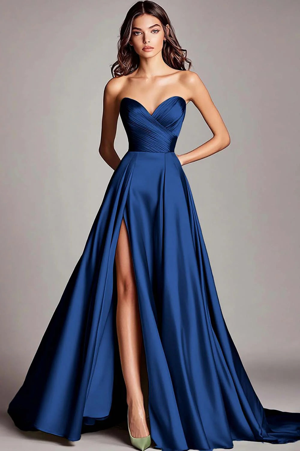 Dusty Sage A Line Satin Strapless Prom Dress with Slit