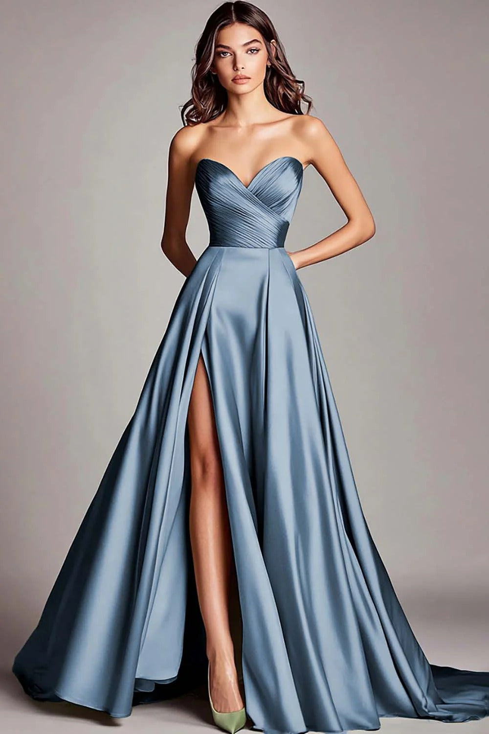 Dusty Sage A Line Satin Strapless Prom Dress with Slit