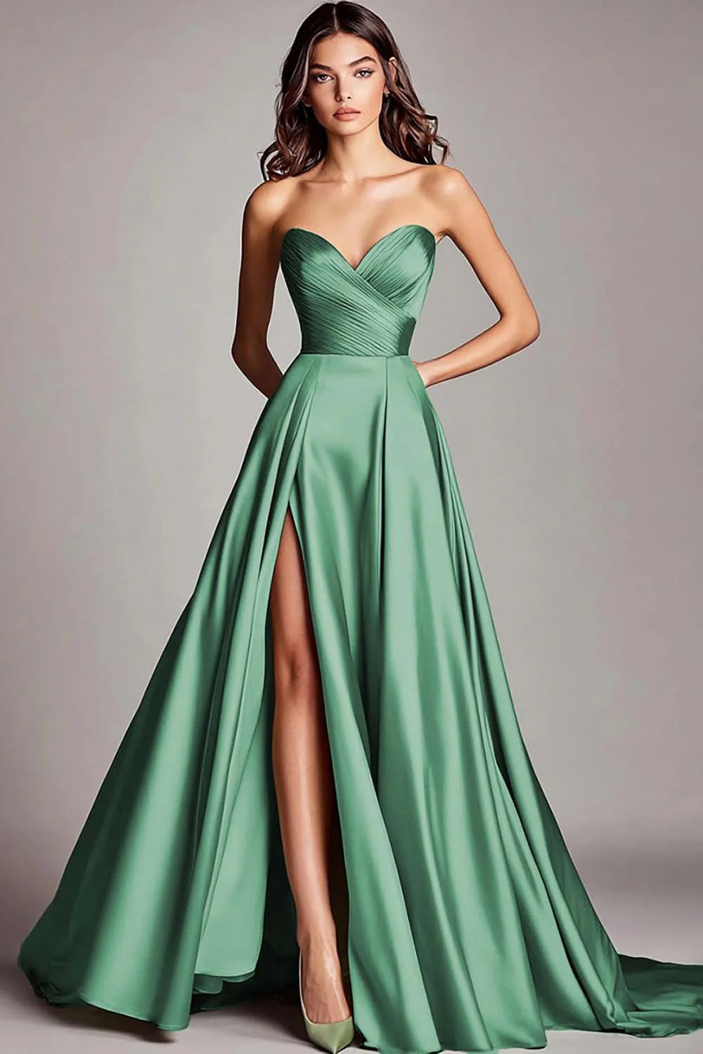 Dusty Sage A Line Satin Strapless Prom Dress with Slit