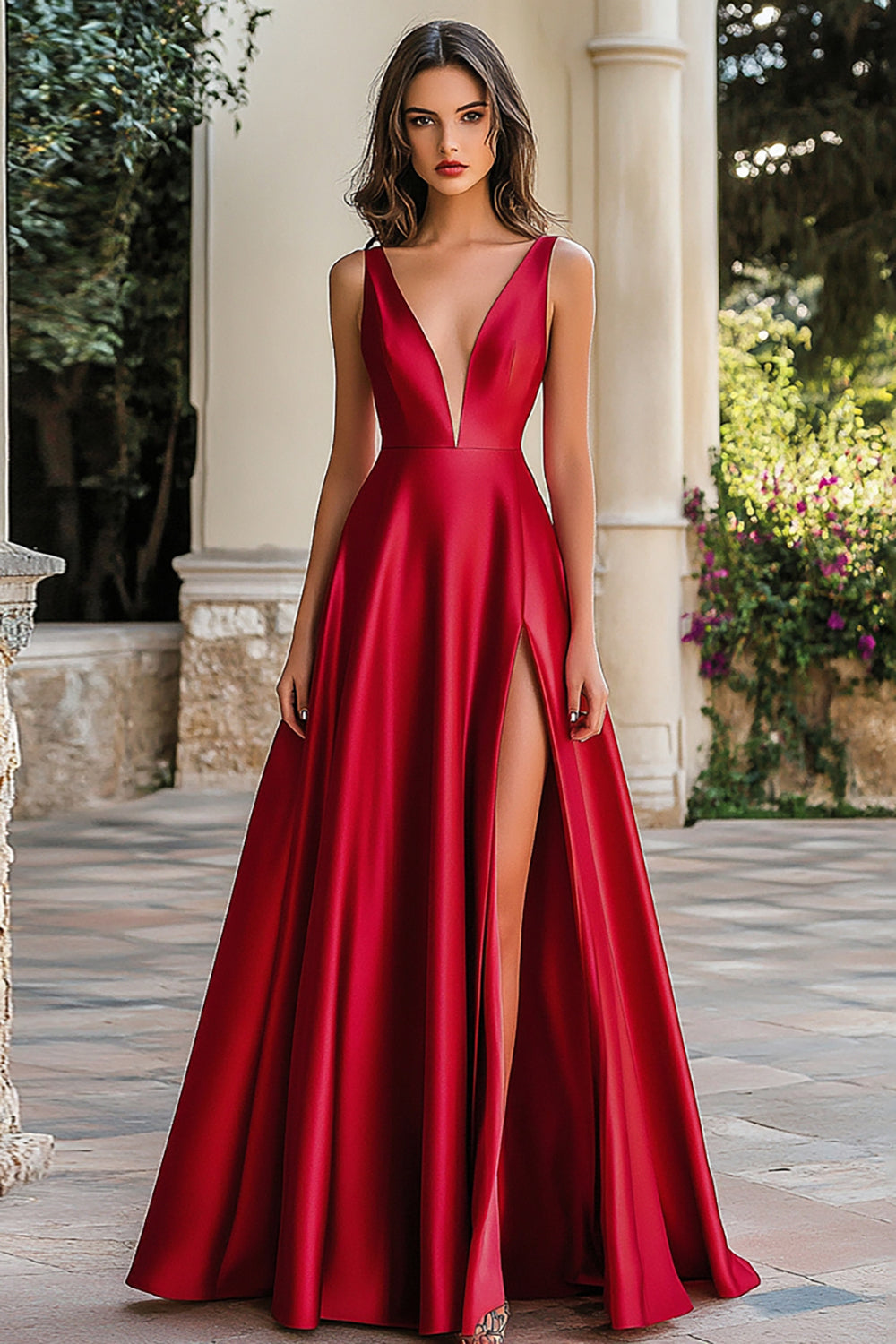 Red A Line Satin V Neck Prom Dress with Slit