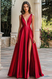 Red A Line Satin V Neck Prom Dress with Slit