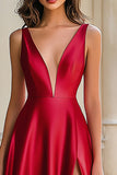 Red A Line Satin V Neck Prom Dress with Slit