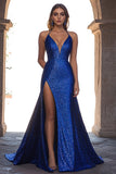 Sparkly Royal Blue V Neck Prom Dress with Slit