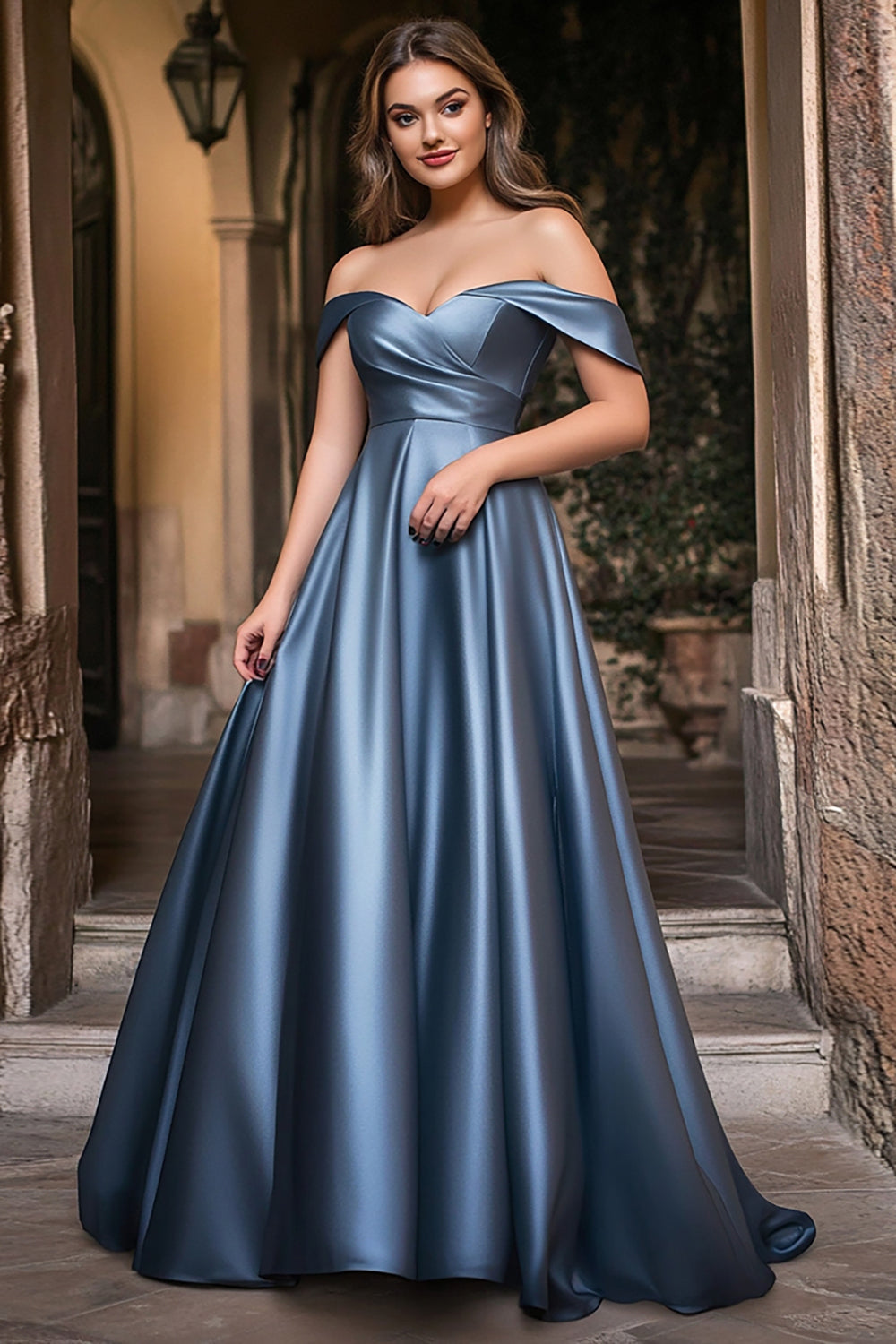 Off the Shoulder A Line Satin Dusty Blue Prom Dress