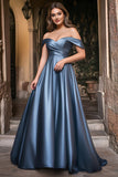 Off the Shoulder A Line Satin Dusty Blue Prom Dress