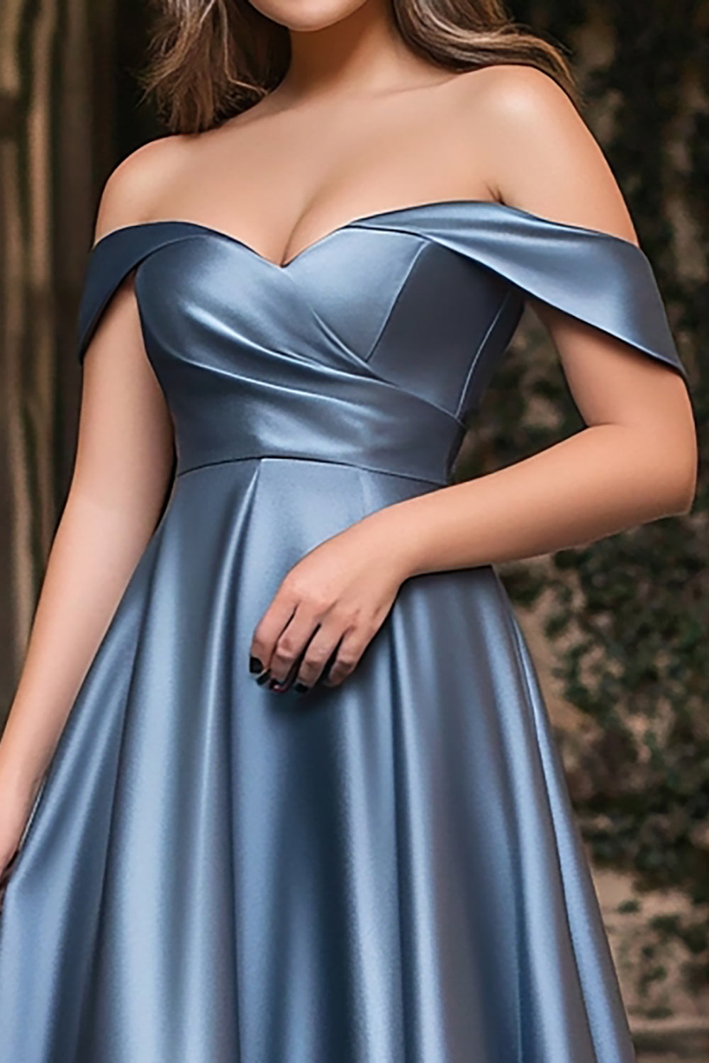 Off the Shoulder A Line Satin Dusty Blue Prom Dress