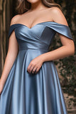 Off the Shoulder A Line Satin Dusty Blue Prom Dress